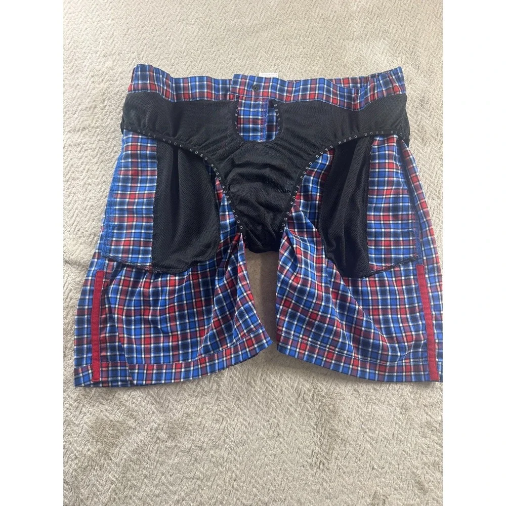 Hugo Boss Crocodile Shark Board Shorts Mens L Blue Red Plaid Mesh Built-In Brief